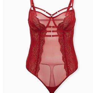 Torrid Red mesh & lace harness thong Bodysuit